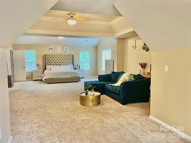 bedroom with light carpet and ceiling fan