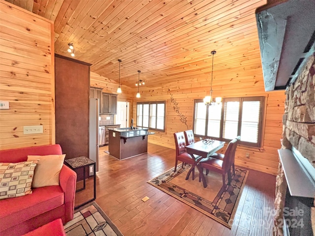 dining space featuring wood ceiling, dark hardwood / wood-style flooring, vaulted ceiling, and a wealth of natural light