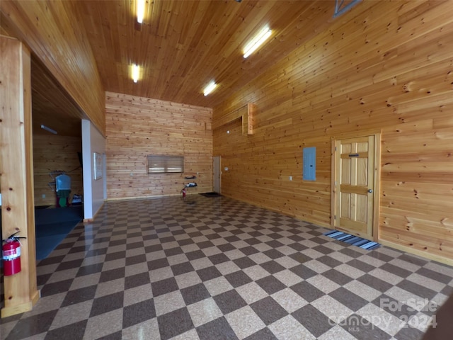 interior space with wood ceiling, wooden walls, and electric panel