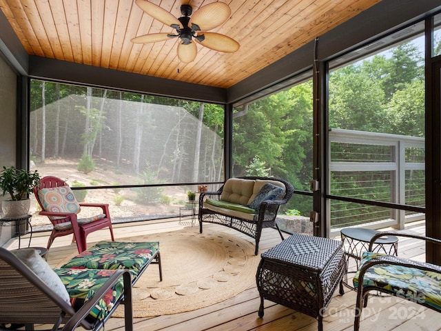 sunroom / solarium featuring wooden ceiling and ceiling fan