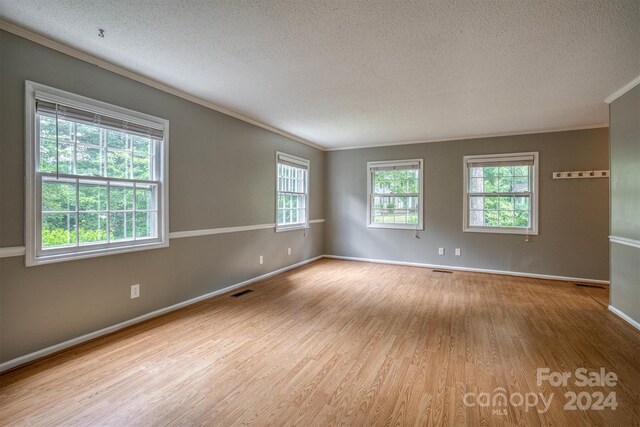 unfurnished room featuring light hardwood / wood-style floors, a wealth of natural light, crown molding, and a textured ceiling