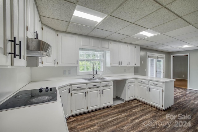 kitchen with a drop ceiling, white cabinetry, wall chimney exhaust hood, sink, and dark wood-type flooring