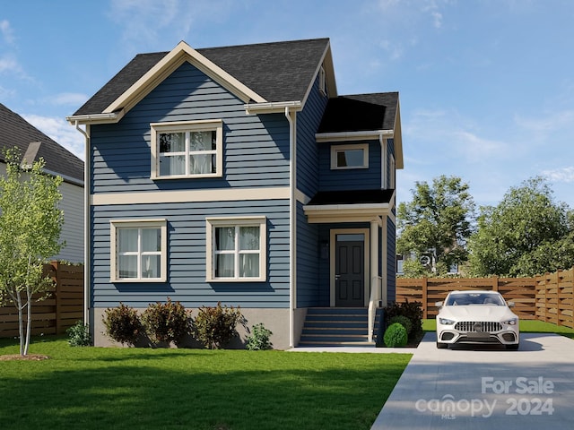 traditional-style home with a front lawn, a shingled roof, and fence