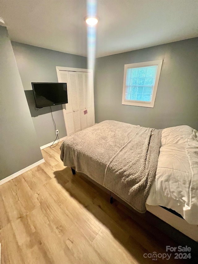 bedroom featuring light wood-type flooring and a closet