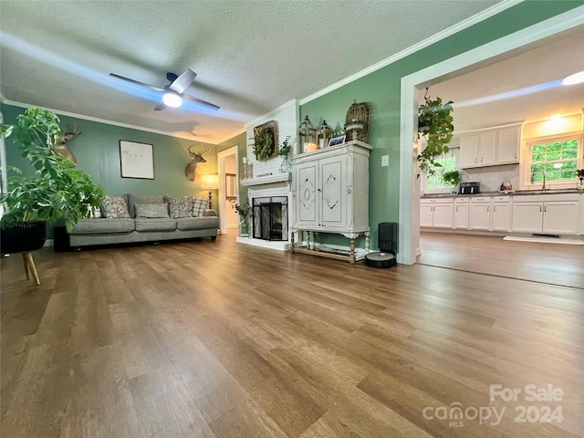 living room with ceiling fan, wood-type flooring, sink, a textured ceiling, and ornamental molding