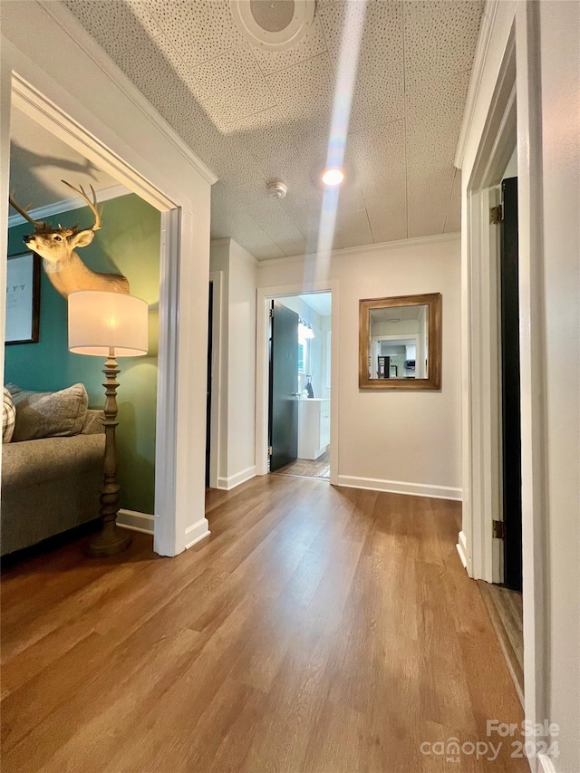 corridor featuring ornamental molding and hardwood / wood-style floors