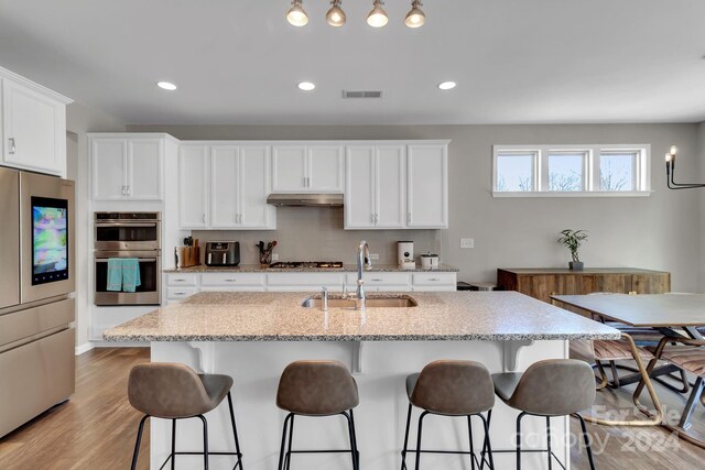 kitchen with light wood-type flooring, a kitchen island with sink, stainless steel appliances, light stone countertops, and sink