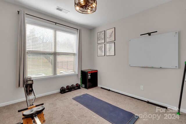 exercise room featuring light colored carpet