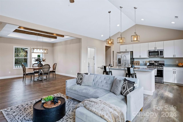 living room featuring dark hardwood / wood-style floors and high vaulted ceiling