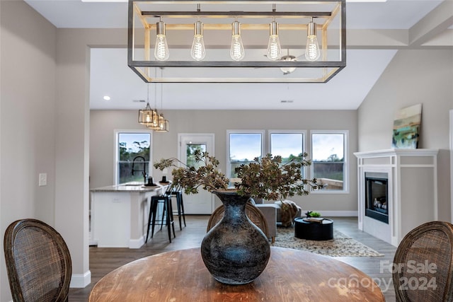 interior space featuring sink, vaulted ceiling, and dark hardwood / wood-style floors