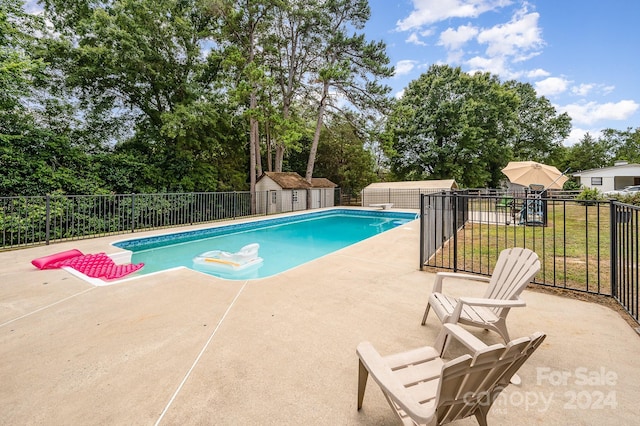 view of swimming pool with a shed and a patio area