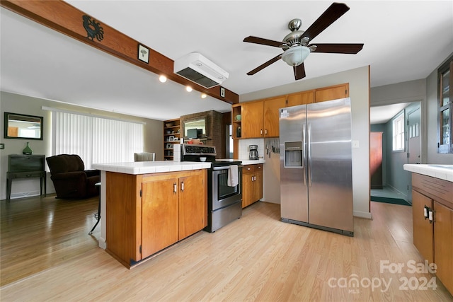 kitchen with stainless steel appliances, backsplash, light wood-type flooring, and kitchen peninsula