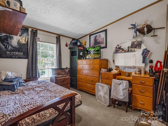 bedroom with crown molding, light carpet, and a textured ceiling