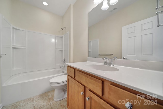 full bathroom with toilet, vanity, tub / shower combination, and tile patterned floors