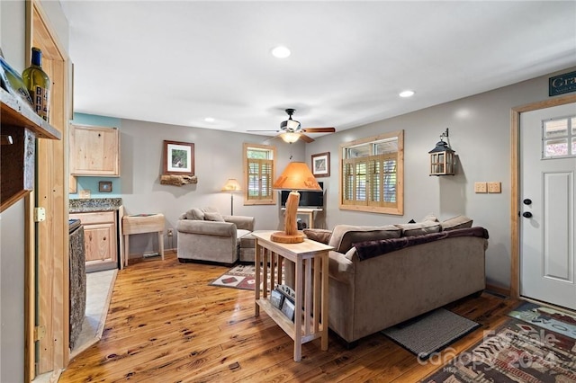 living room with ceiling fan and light wood-type flooring