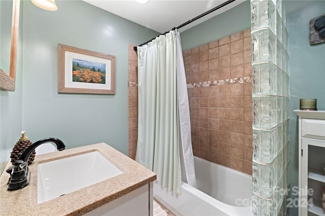 bathroom with vanity and shower / bathtub combination with curtain