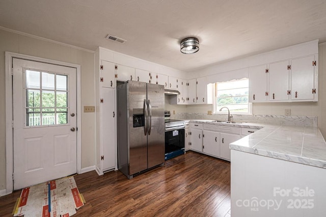 kitchen with white cabinetry, sink, dark wood-type flooring, appliances with stainless steel finishes, and ornamental molding