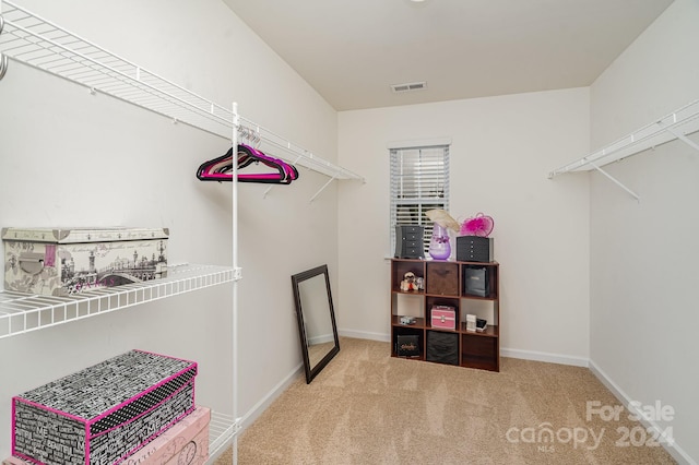 walk in closet featuring light colored carpet