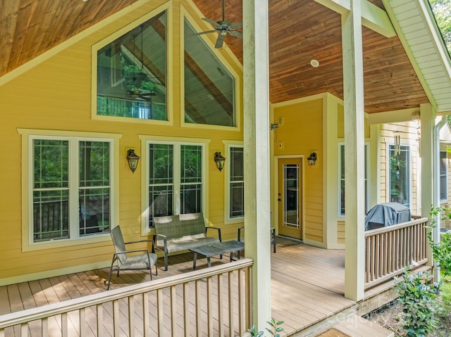 exterior space featuring ceiling fan