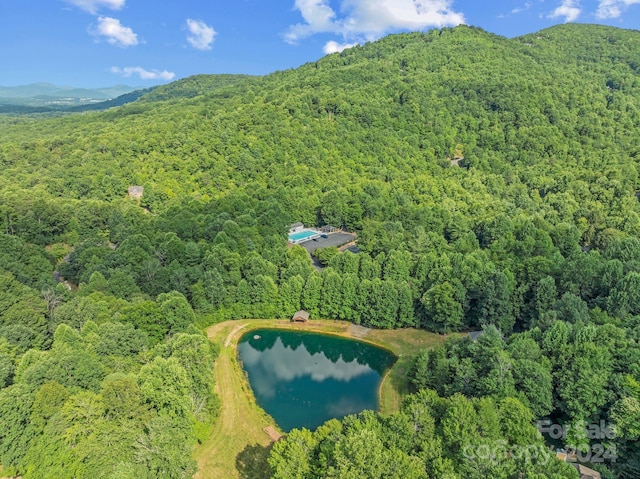 bird's eye view with a wooded view and a water and mountain view