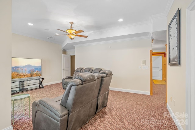 living room with ceiling fan, light colored carpet, and ornamental molding