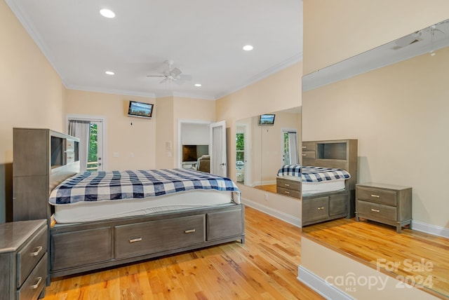 bedroom with ceiling fan, ornamental molding, light hardwood / wood-style floors, and access to exterior