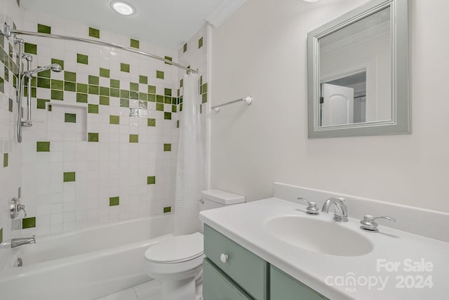 bathroom with toilet, tile patterned floors, shower / tub combo with curtain, and vanity
