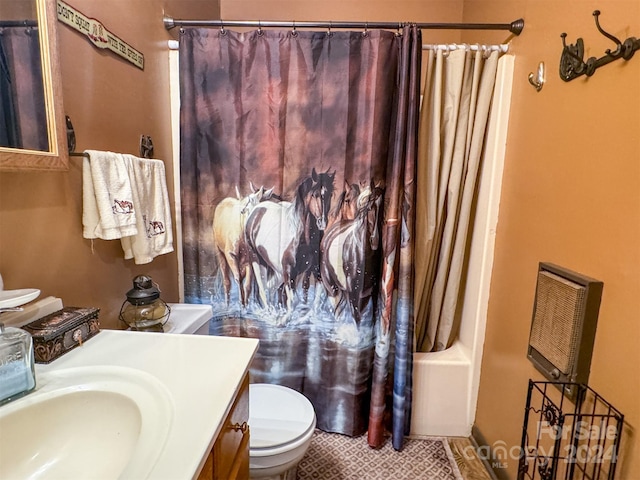 full bathroom with toilet, tile patterned flooring, shower / tub combo, and vanity