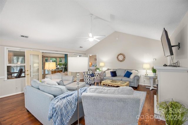 living room featuring lofted ceiling, ceiling fan, and dark hardwood / wood-style flooring