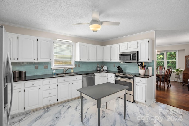 kitchen featuring decorative backsplash, sink, white cabinets, and stainless steel appliances