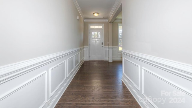 corridor featuring ornamental molding and dark wood-type flooring