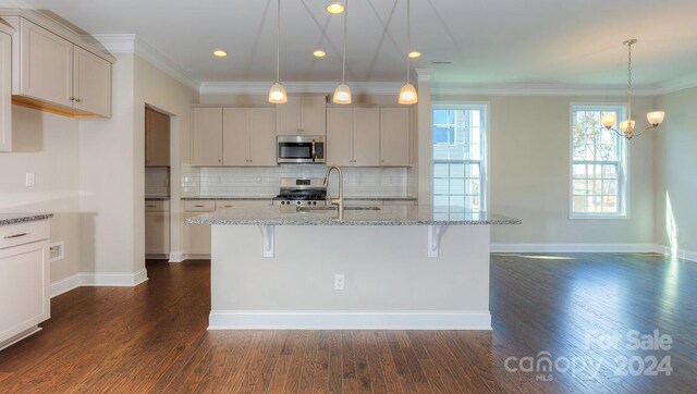 kitchen with tasteful backsplash, dark hardwood / wood-style flooring, stove, and sink