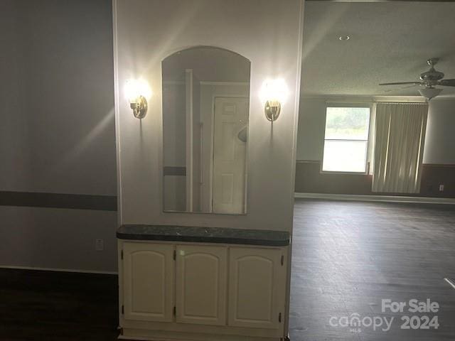 bathroom with ceiling fan and vanity