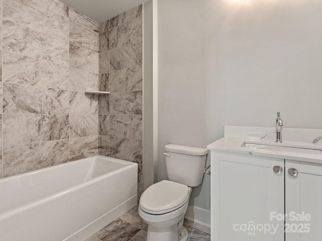 full bathroom with tiled shower / bath combo, vanity, and toilet