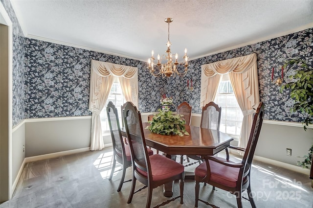 carpeted dining space with an inviting chandelier, ornamental molding, and a textured ceiling