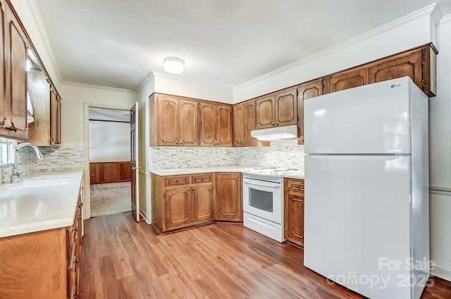 kitchen featuring sink, decorative backsplash, crown molding, white appliances, and light hardwood / wood-style flooring