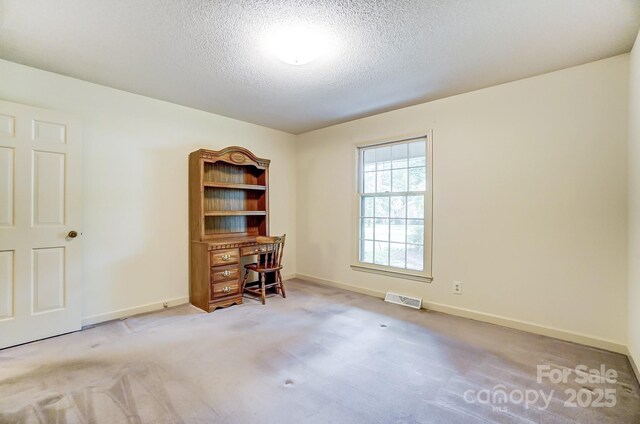 unfurnished office featuring light carpet and a textured ceiling