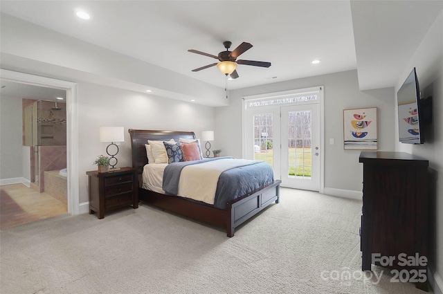 carpeted bedroom featuring access to exterior and ceiling fan