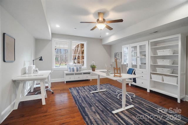 office featuring ceiling fan and dark hardwood / wood-style flooring