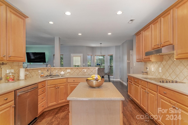 kitchen with black electric stovetop, sink, a kitchen island, stainless steel dishwasher, and dark wood-type flooring