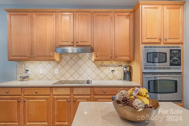 kitchen featuring decorative backsplash, stainless steel appliances, and light stone counters