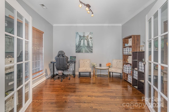 office space featuring ornamental molding and dark hardwood / wood-style flooring