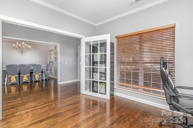 office featuring a chandelier, crown molding, and dark hardwood / wood-style flooring