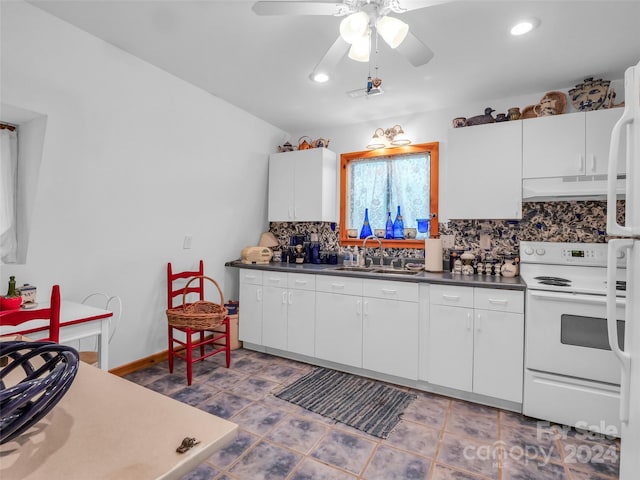 kitchen with sink, white cabinetry, backsplash, and white range with electric cooktop