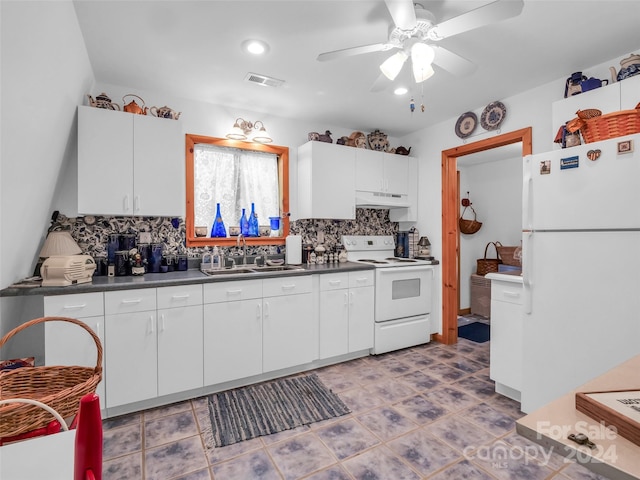 kitchen featuring white cabinetry, sink, white appliances, and decorative backsplash