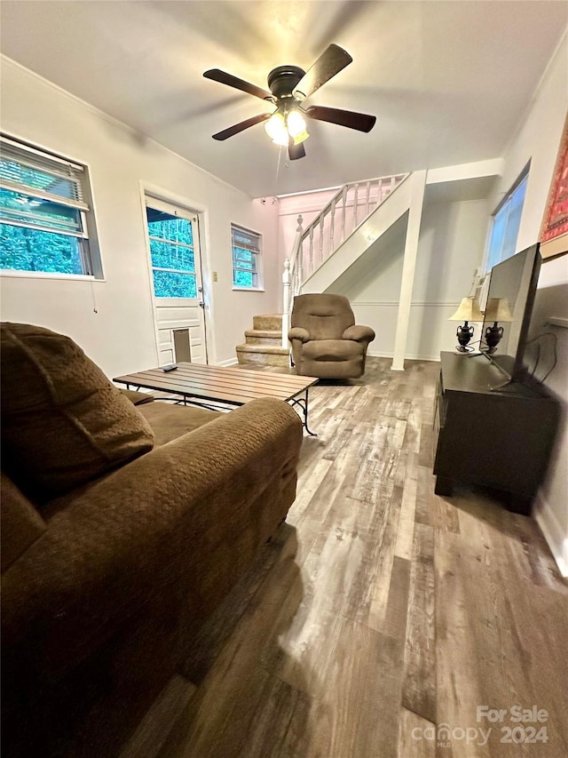 living room featuring ceiling fan and light hardwood / wood-style flooring