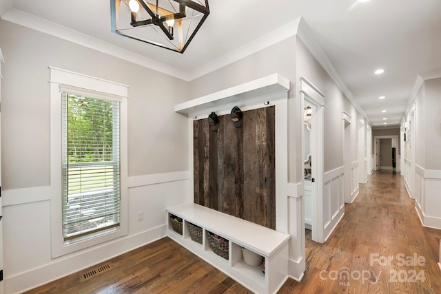 mudroom with ornamental molding, a chandelier, and wood-type flooring