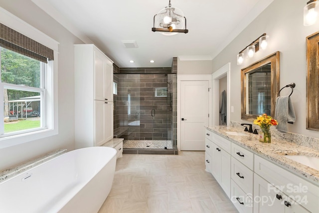 bathroom featuring vanity, independent shower and bath, and a wealth of natural light