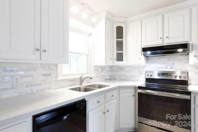 kitchen featuring white cabinetry, stainless steel electric stove, ventilation hood, and dishwasher