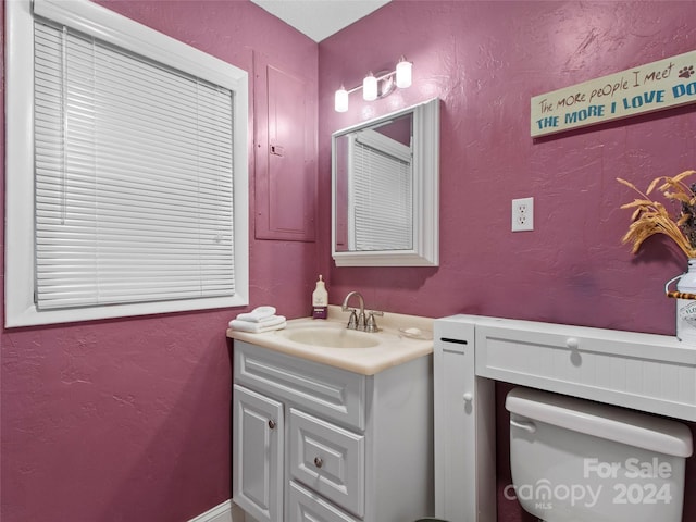 bathroom with toilet, a textured wall, and vanity